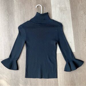 Black Ribbed Turtleneck Top with Flared Cuff Sleeves